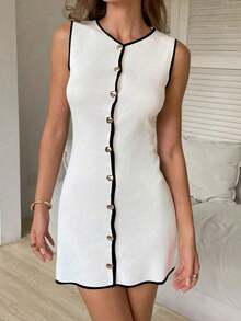 Vestido corto de punto ligero de estilo minimalista y casual para la primavera/verano, con cuello en V, botones metálicos y sin mangas, para uso diario y de paseo - Blanco con bordes negros - Ver 2