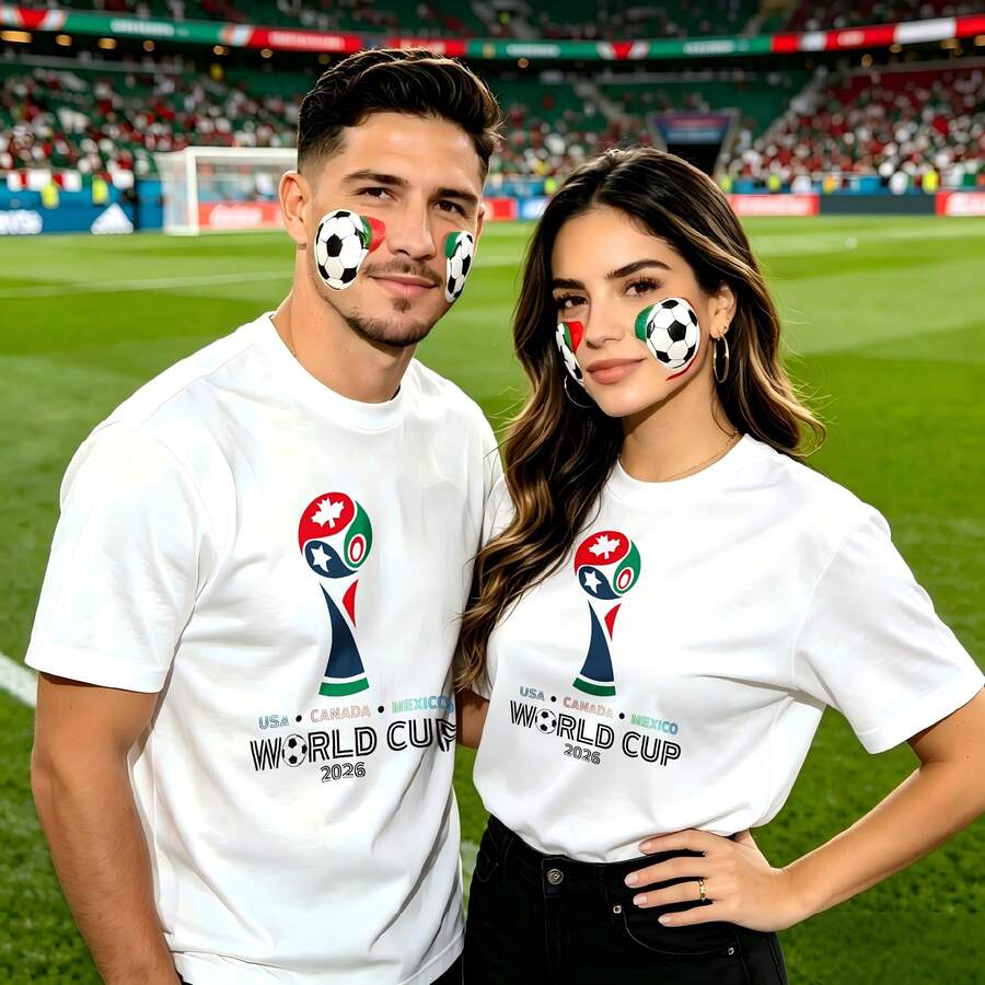 Couple Football Pattern T-Shirt, 100% Cotton, Loose Fitting, Soft And Breathable, Casual Round Neck Short Sleeved Top World Cup 2026 Usa Canada Mexico Printed Patterns, Dating, Leisure Travel, Gatherings, Simple Cartoon Printing Style, High Cost-Effectiveness Suitable For Watching Live Sports Games, - 白色 - 查看 1