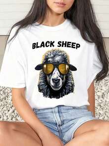 1 Piece Women's T-Shirt With Black Sheep Graphic Print, Casual For Daily Wear, Round Neck, Short Sleeve, Soft And Comfortable, 220g/180g, 100% Cotton - 白色 - 查看 6