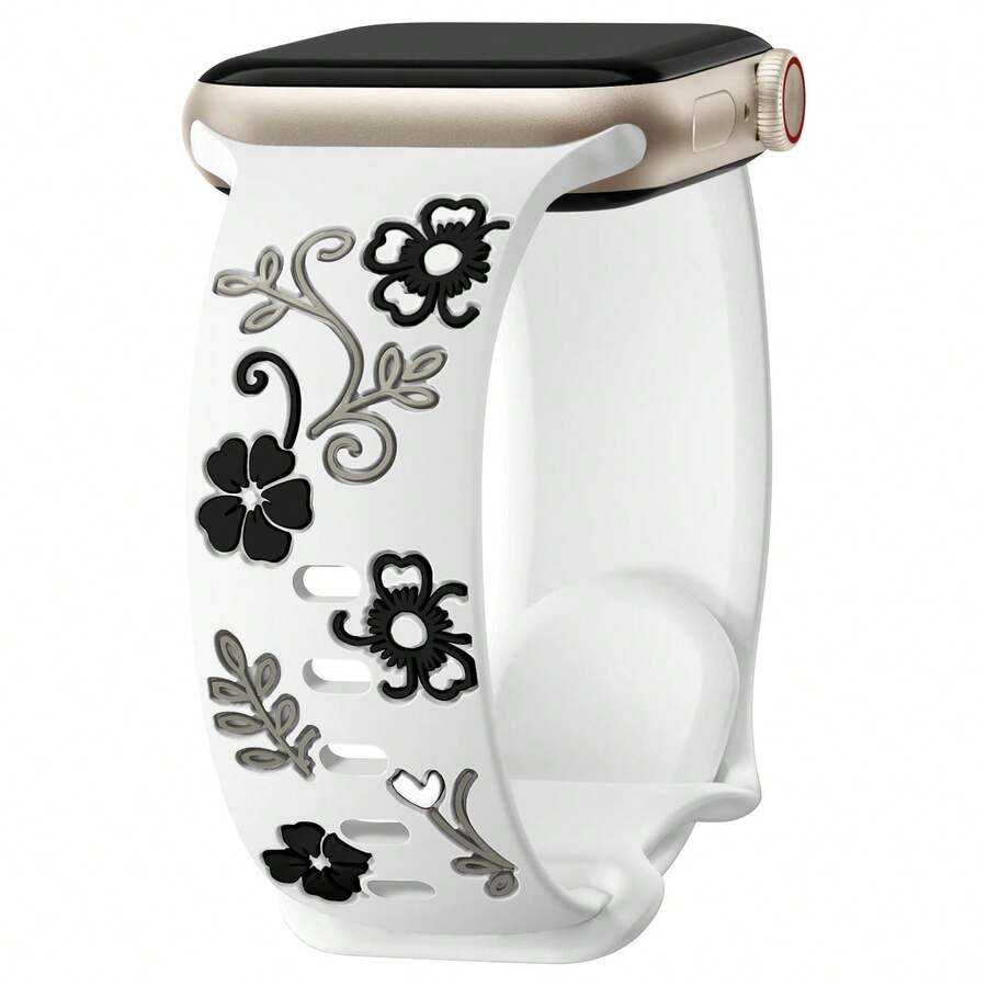 花卉雕刻运动表带,兼容 44mm 40mm 38mm 41mm 45mm 46mm 49mm 42mm 女款,粉色沙色柔软硅胶可爱花朵图案运动表带,适用于 Series Ultra 2 SE 11 10 9 8 7 6 5 4 3 2 1,可作为学生返校或情人节礼物。 - 白/黑 - 查看 1