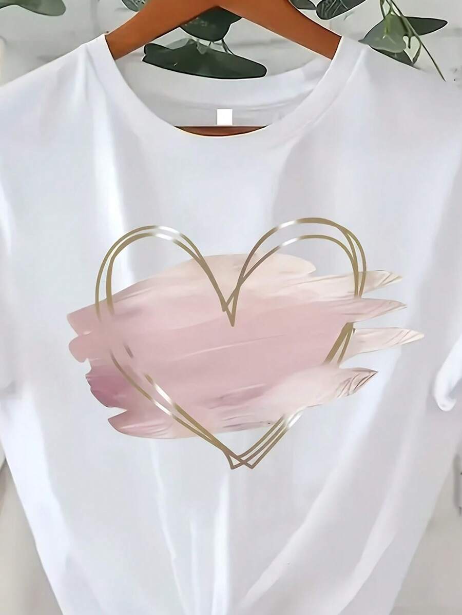 Women's Black T-Shirt With Gold Heart Print And Geometric Patterns - Casual Short-Sleeved Top With Round Neck, Machine Washable, Suitable For Spring, Summer And Autumn, T-Shirt With Modern And Fashionable Design, Appliqué Details. - 白色 - 查看 1
