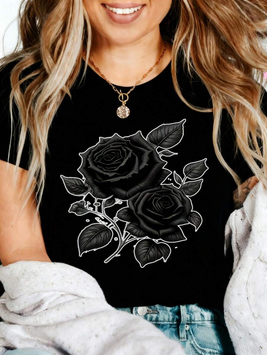Edgy Black Roses Graphic T-Shirt, 100% Cotton Oversized Soft Breathable Casual Crewneck Short Sleeve Top, Romantic Aesthetic Summer Vibes Tee for Women & Flower Lovers