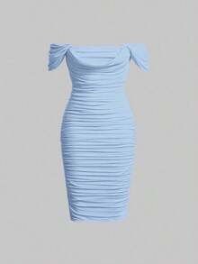 Vestido ajustado de hombros descubiertos fruncido lateral - Celeste - Ver 5