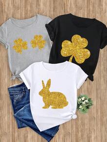 Women's T-Shirts, 1-Piece Set With Gold Four-Leaf Clover Pattern And Gold Rabbit Pattern, 1 Piece, Elegant, Casual, Sporty, Ideal For Gift, Soft And Machine Washable, Short-Sleeved Top With Round Neck. - 1件白色隨機圖案 - 查看 5