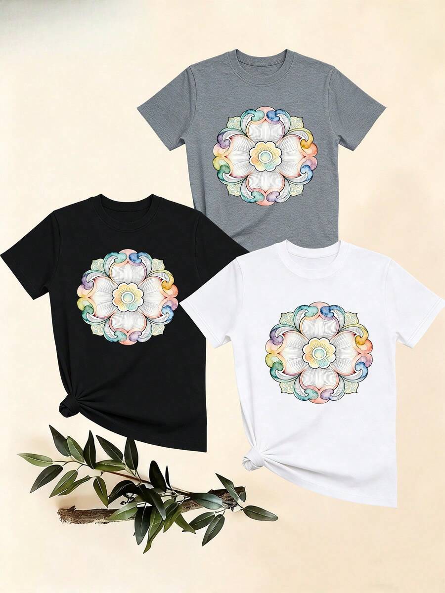 Women's T-Shirts, Women's T-Shirts, Casual Short-Sleeved T-Shirt With Round Neck And Colorful Floral Print, Comfortable And Breathable Summer Top For Women. - 1件白色隨機圖案 - 查看 1