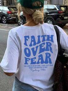 "Faith Over Fear" Double Print T-Shirt - Short-Sleeve Crew Neck Pure Cotton T-Shirt,  Holiday Style, A Daily Essential. Holiday Outfits, Simple Retro Street Style Top. Everyday Campus Wear For Men And Women - Comfortable Loose Fit Cotton Vintage Street Style T-Shirt - 白色 2 - 查看 6