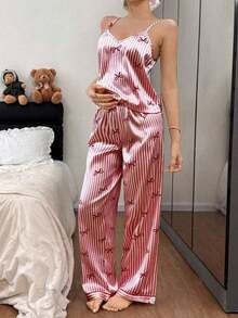 Conjunto de pijama de mujer con pajarita y top de camisola con estampado de rayas de seda sintética y pantalones - Burdeos - Ver 3