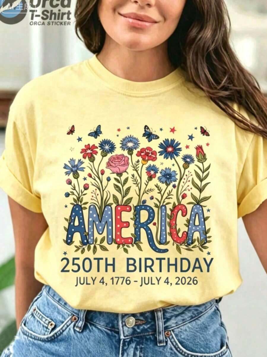 Graphic Tees USA 250th Anniversary Floral Design T-Shirt - Colorful Pattern Tee Featuring Blue, Red, And White Lettering Combined With Butterflies And Flowers - Comfortable Casual Crew Neck Tee, Plus Size - Ideal Gift For Independence Day, National Holidays, And Summer Gatherings - 100% Breathable Cotton For Summer - 黃色 - 查看 1