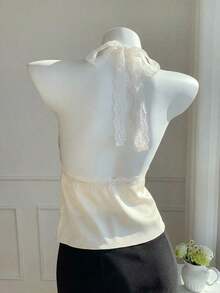 Top halter sin espalda con parches de lunares y encaje para mujer - Beis - Ver 2