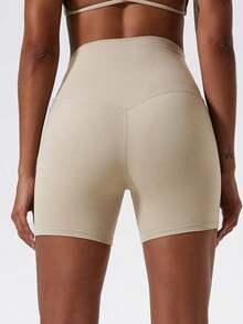 1 pieza Pantalones cortos de yoga elásticos de color nude, adecuados para correr, fitness, ciclismo y otros deportes, pantalones cortos ajustados transpirables y de secado rápido para mujeres en color negro - Caqui - Ver 4