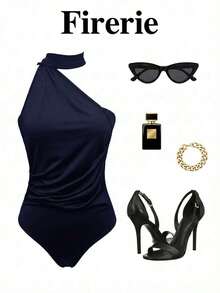 Body asimétrico con cuello de volantes en color marrón moca para mujer, body de moda para primavera, verano, otoño e invierno, adecuado para ir a trabajar, elegante, sexy, vacaciones, playa, estilo bohemio, Hawái, festivales de música, fiestas y a - Azul marino - Ver 3
