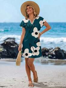 Vestido corto minimalista casual con cuello en V, adecuado para primavera/verano - Multicolor 3 - Ver 6