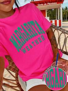 Camiseta de mujer, camiseta de manga corta con gráfico de estilo casual de calle, top de verano lindo - Rosa Fucsia 2 - Ver 3