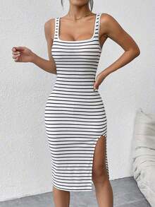 Vestido casual de verano para mujer con parte superior de tirantes básica a rayas y abertura - Blanco y Negro - Ver 5