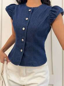 Blusa de mezclilla para mujer, casual con cuello redondo ajustado, azul, adecuada para fiestas, vacaciones, citas, San Valentín, té de la tarde.Blusa casual de rayas con botones delanteros sin mangas, estilo minimalista, para primavera/verano.Blusa - Azul - Ver 6