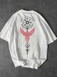 1 PACK Casual 100% Cotton Tee, Viking Vegvisir Raven Rune Tattoo Back Print Short Sleeve Top, Summer Biker Street Outfit - White - View 2