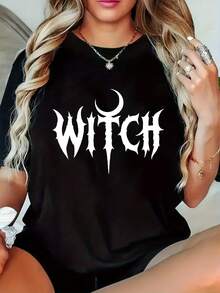 Oversized Halloween T-Shirt, 1 Piece Y2K Gothic T-Shirt With Witch Print For Women - Crescent Moon, Casual Black Top For Halloween And Spring/Summer - Limited Stock, Ideal Gift, Gothic Style Halloween Top, Casual Fabric - 黑色 - 查看 1