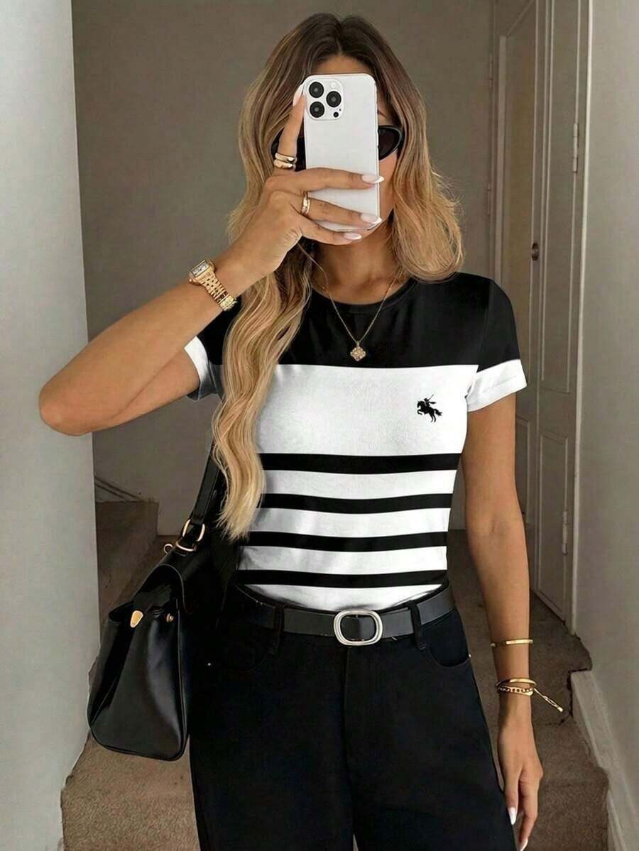 Camiseta de manga corta ajustada de cuello redondo minimalista casual para mujer, adecuada para primavera/verano - Multicolor - Ver 1