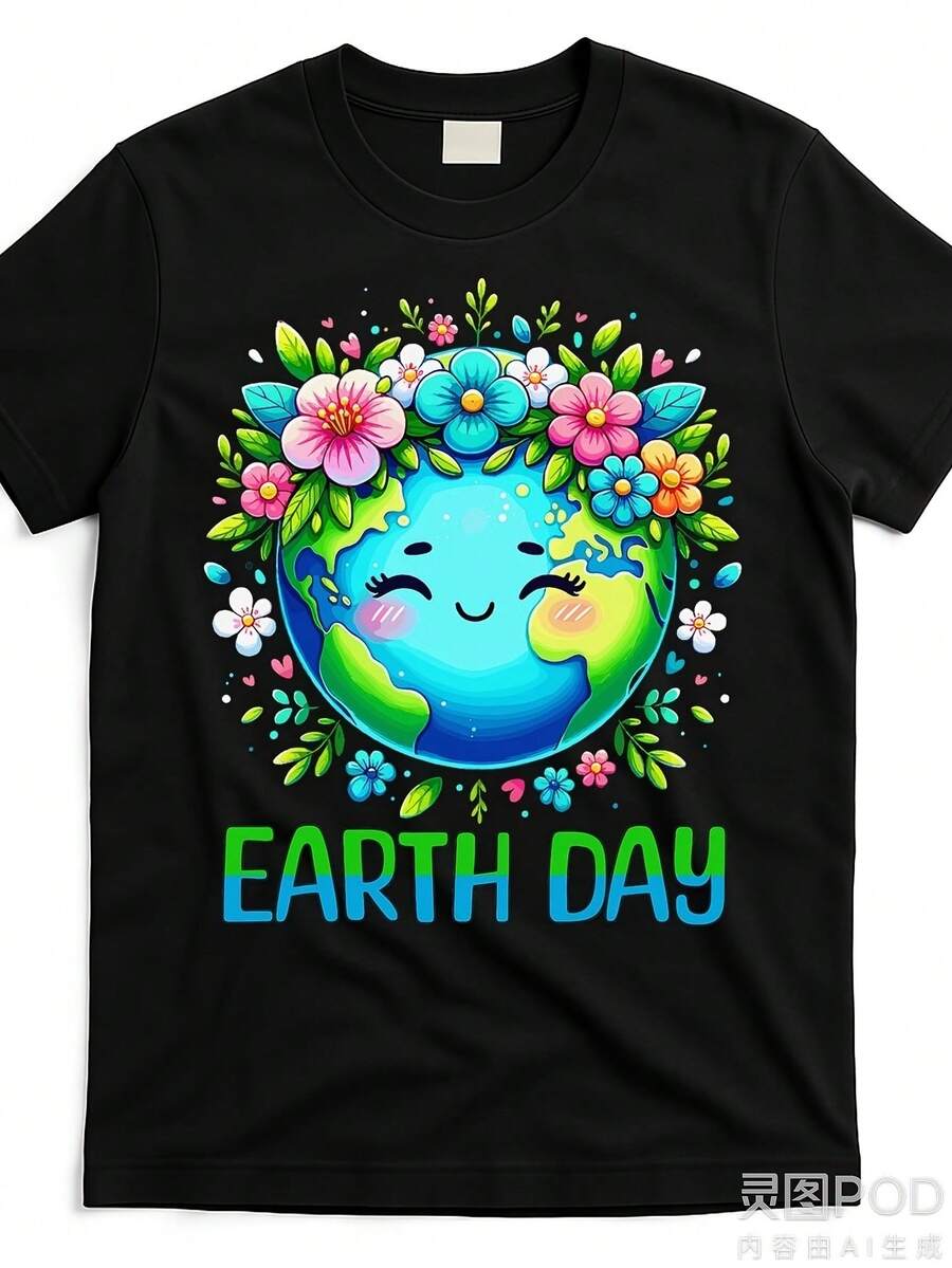 Women's "Save The Earth" T-Shirt With Crown Design For Earth Day, Unisex Short-Sleeved Printed Summer T-Shirt, Perfect For Everyday Wear And Gifts, Circus T-Shirt, Great For Vacation And Playtime, Excellent For Parties And Family Holiday Outfits, Summer Outfit, Warm Weather Clothing. - 黑色 - 查看 1