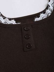 Camiseta de tirantes casual de mujer con parches de encaje - Marrón - Ver 6