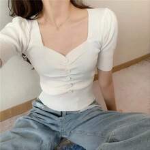 Top corto de punto de manga corta para mujer, jersey con cuello de corazón, blusa, prendas de punto ligeras, traje Y2K de primavera y verano de los años 90 para adolescente - BLANCO - Ver 4
