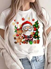 100% cotton Mujer Camiseta Casual Estampado Navidad Santa Reno Tela Suave Corte Holgado Cuello Redondo Manga Corta Primavera Verano Diario - Blanco - Ver 6