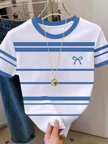 Camiseta de mujer de manga corta con cuello redondo, estampado de rayas y lazo, de estilo casual para verano - Azul 2 - Ver 1