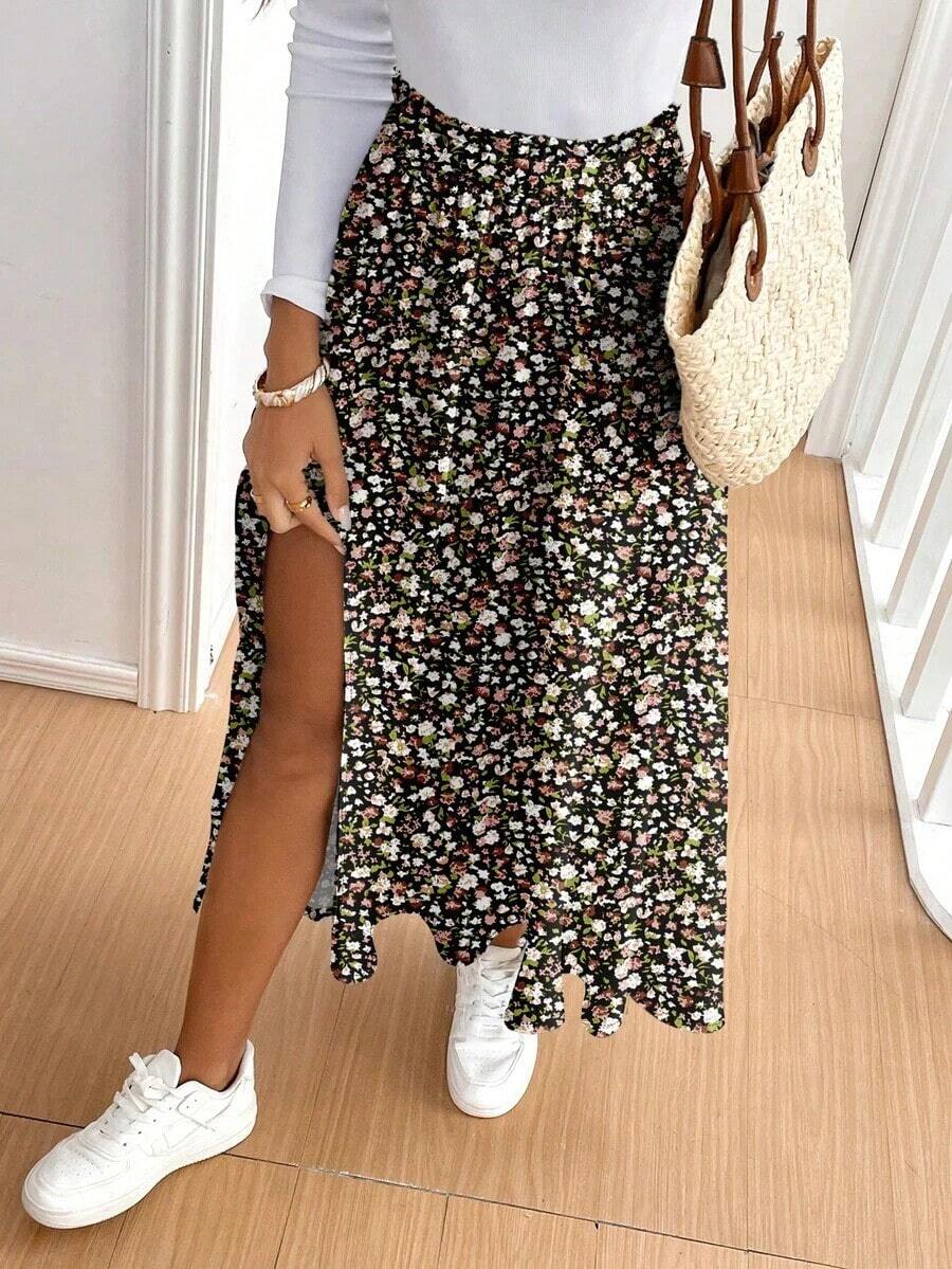Frenchy Falda larga con abertura y volantes con estampado floral ditsy, casual y de moda para uso diario, vacaciones de verano, color azul floral, para resort - Multicolor 3 - Ver 1