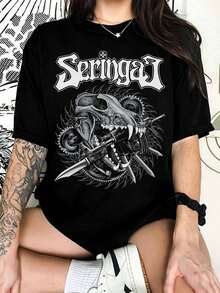 Seringal 3 Wolf Skull & Weapons Thrash Metal Graphic T-Shirt, T-Shirt For Punk Band Fans - Black - View 1