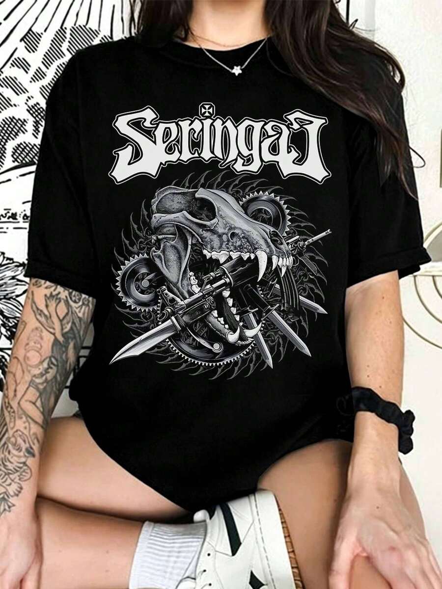 Seringal 3 Wolf Skull & Weapons Thrash Metal Graphic T-Shirt, T-Shirt For Punk Band Fans - Black - View 1