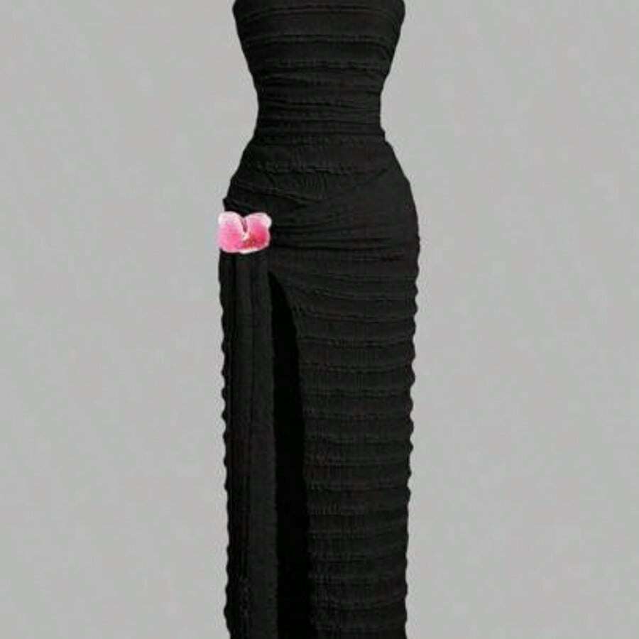 Sweetro Ruched High Slit Bandeau Bodycon Dress, Elegant - Negro - Ver 1