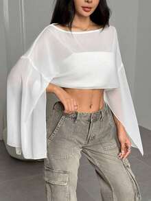 Blusa corta suelta de mangas de murciélago y cuello redondo de unicolor para mujer, de manga tres cuartos, para primavera/verano - Blanco - Ver 3