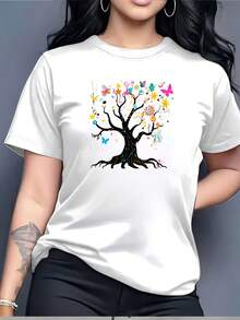 Encantadora Camiseta de Mujer con Estampado de Árbol y Mariposa de 180g - Ideal para Reuniones Familiares, Eventos Corporativos y Regalos Navideños| Camiseta de manga corta estampada suave para primavera y verano, camiseta de mujer. - Negro - Ver 1
