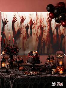 1pc Halloween Backdrop, Happy Halloween Backdrop With Bloody Hand Design, Photography Backdrop, Decorative Wall Hanging, Background Banner, Halloween Decoration, Halloween Party Decoration, Halloween Trick Or Treat Decoration, Outdoor Halloween Decoration - Bloody Hands - View 8