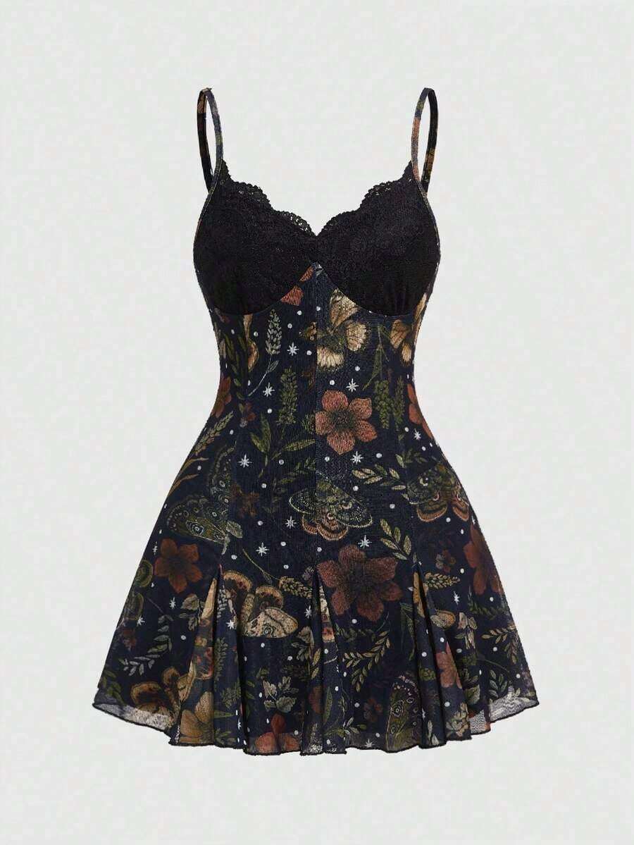 ROMWE Fairycore Vestido mini con tirantes finos, de corte holgado, con estampado floral bohemio, romántico y gótico para mujeres - Multicolor - Ver 1