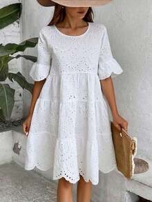 Vestido casual de vacaciones de unicolor con bordado calado para mujer - Pearl White - Ver 7