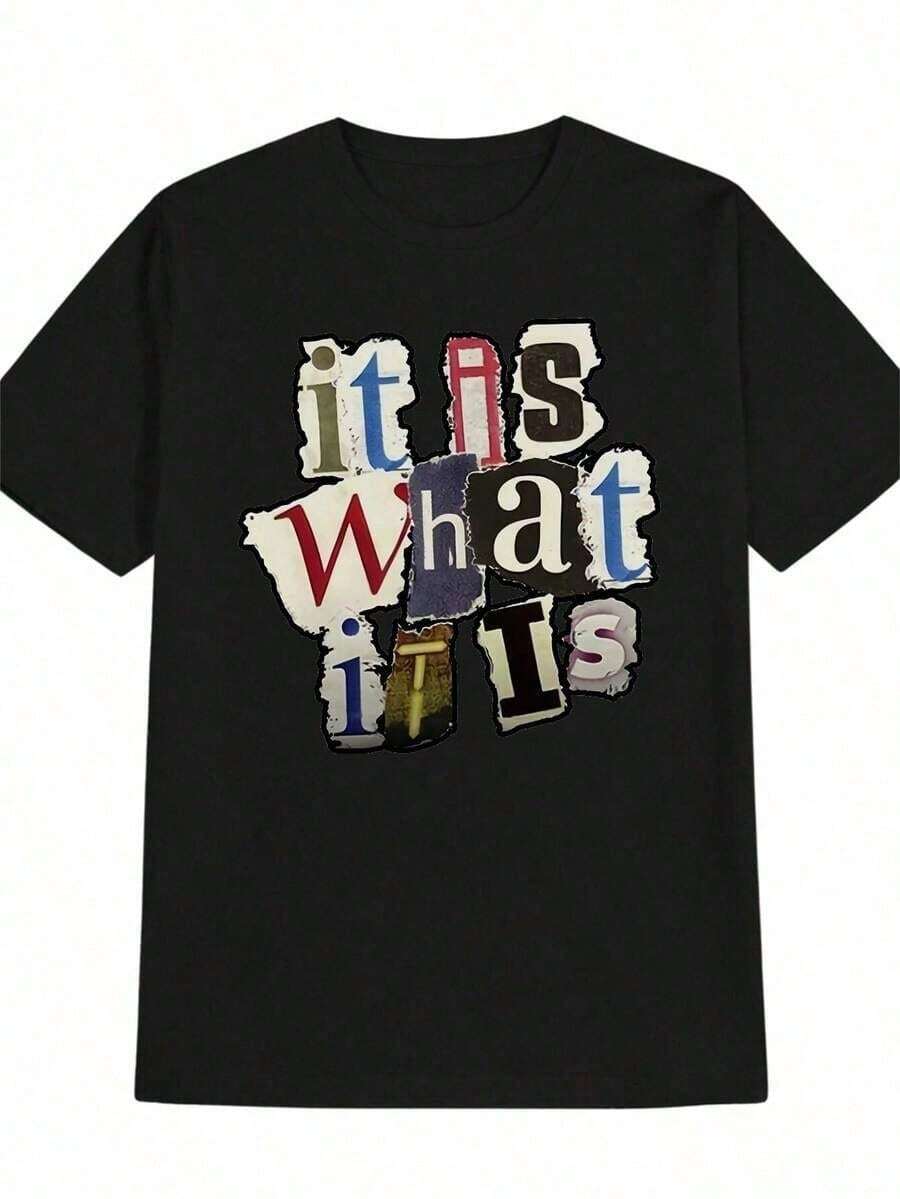 Camiseta Casual de Cuello Redondo para Hombre con Impresión "Es lo que es" - Negra, Manga Corta, Ligera y Elástica, Perfecta para el Verano, Camiseta de Uso Diario | Diseño de Letras Negritas | Ajuste cómodo, TALLA GRANDE Z25L - Negro - Ver 1