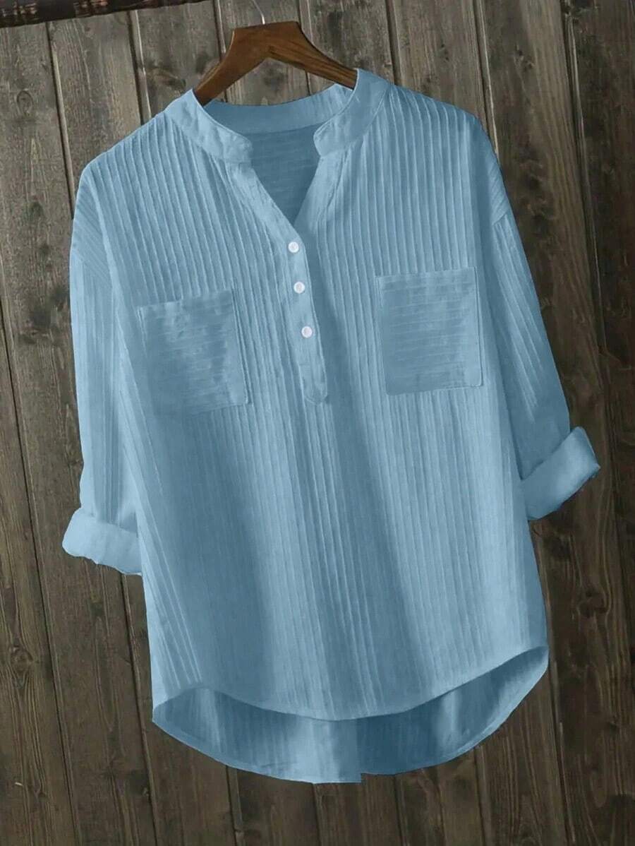 Camisa casual de talla grande con cuello con muesca, botones, bolsillo y mangas enrollables - Azul - Ver 1