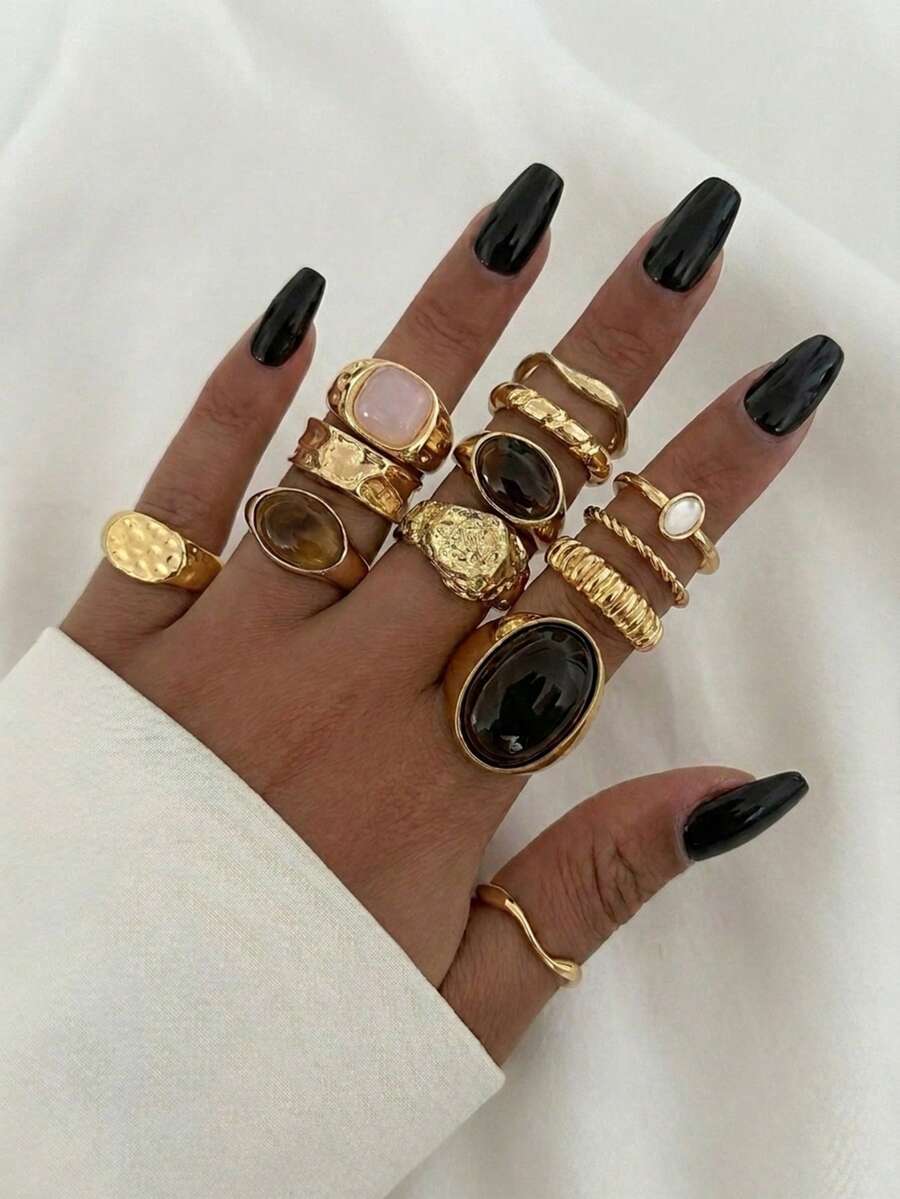 Bộ 13 chiếc nhẫn đá giả cao cấp, nhẫn đá mắt hổ, nhẫn đeo đốt ngón tay sang trọng, thanh lịch, thích hợp đeo hàng ngày cho nữ, cặp đôi, dự tiệc cưới. - Vàng - Xem 1