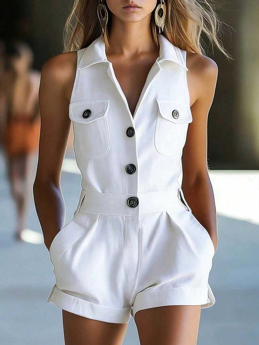 Mono (enterizo) corto nuevo de verano para mujer, de moda, estilo vaquero/cowboy, sin mangas, cuello V, botonadura delantera, diseño favorecedor, perfecto para looks casuales y de día - Blanco - Ver 1