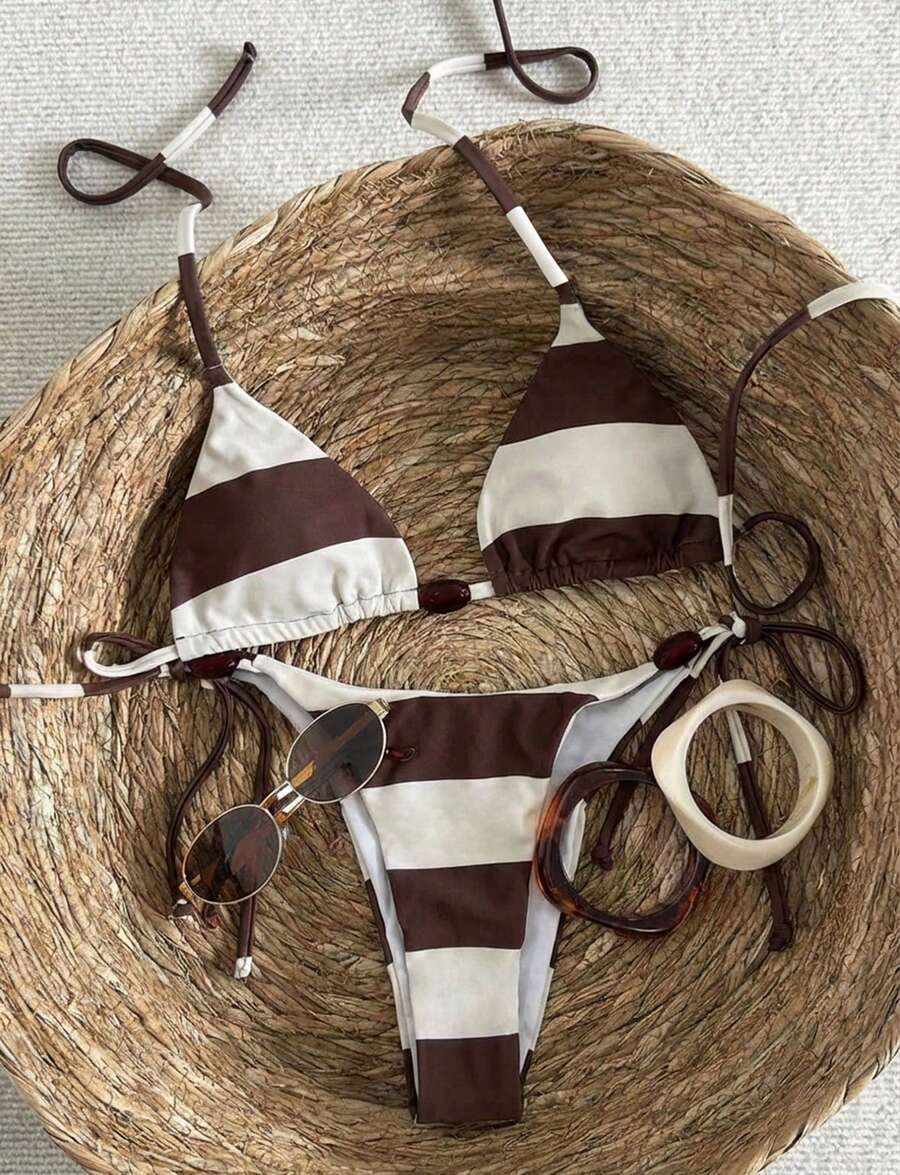 Set de 2 piezas Nuevo conjunto de bikini para mujer, elegante y sexy traje de baño a rayas marrón con cordón, conjunto de traje de baño a rayas marrón y blanco, moda de traje de baño para fiesta de playa y piscina de verano - Multicolor - Ver 1