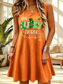 One Lucky Nurse Graphic Sleeveless A-Line Dress Women U Neck Loose Summer Beach Vacation Casual Swing Dress - 珊瑚橙 - 查看 1