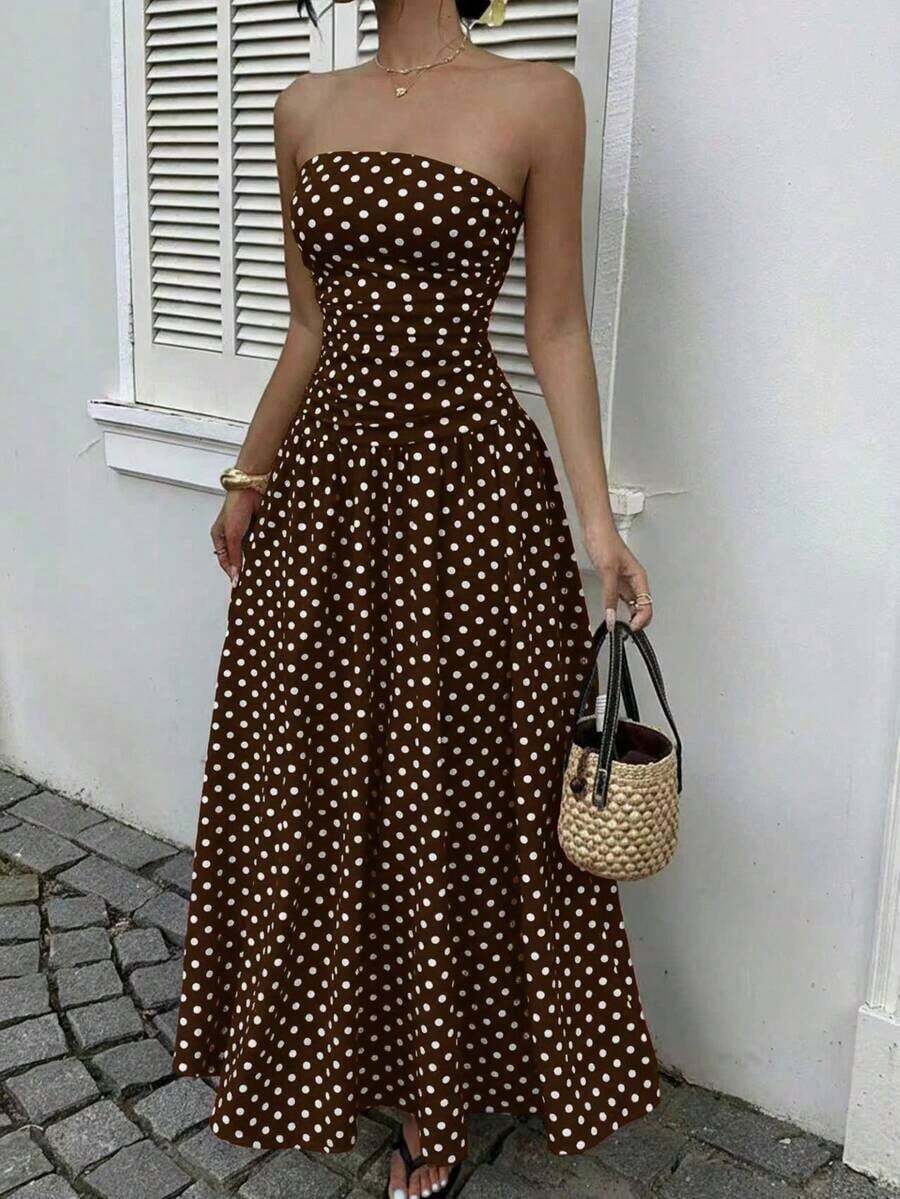 Vestido bandeau con cintura ceñida y estampado de lunares, estilo vacacional - Marrón - Ver 1