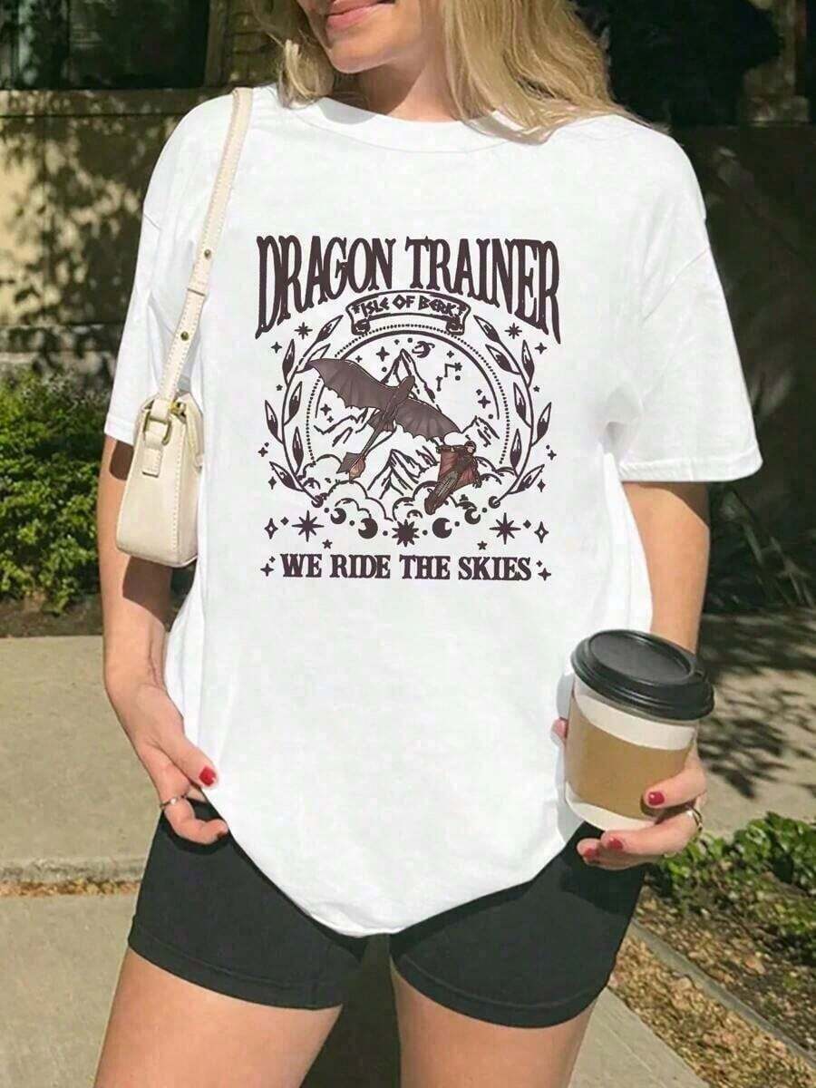 Camiseta de Mujer con Estampado Gráfico "Entrena a Tu Dragón", Manga Corta, Cuello Redondo, Estilo Casual para Verano y Primavera100% Cotton - Blanco - Ver 1