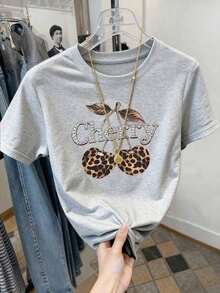 Camiseta casual de mujer de cuello redondo y manga corta con estampado digital de leopardo rosa, un regalo para amigos - Gris Claro - Ver 4