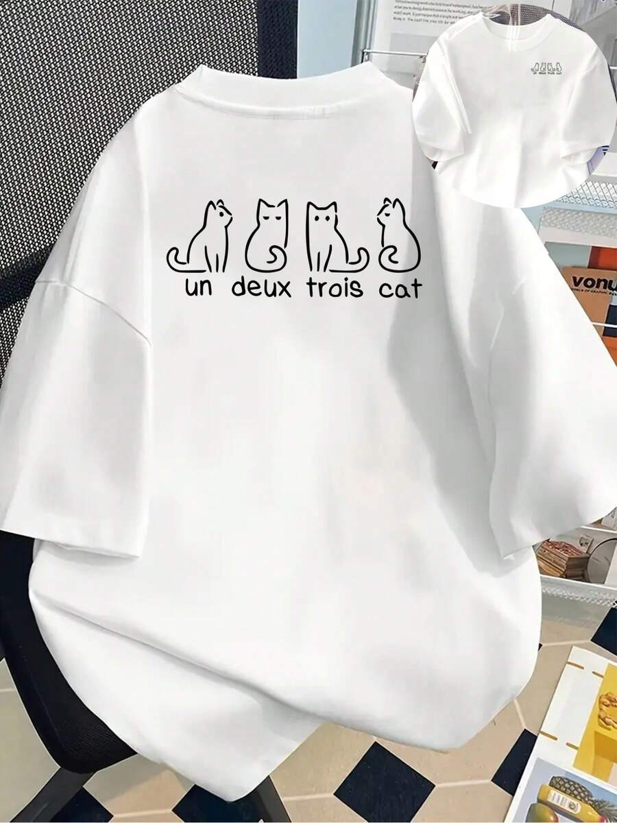 180g Cotton Short Sleeve T-Shirt - Short Sleeve T-Shirt With Front And Back Print - Four Cats, Digital Design - Fashionable Printed T-Shirt For Women, Spring/Summer, Short Sleeve, For All Seasons, Modern Clothing - Unisex. - 白色 - 查看 1