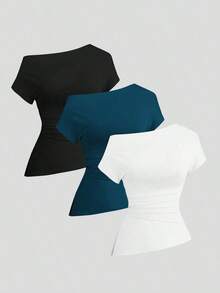 Camiseta Casual de Hombro Asimétrico para Mujer JJSab - Multicolor 3 - Ver 12