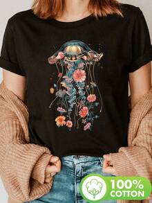 Women's Jellyfish And Flower Print T-Shirt - Pastel Pink, Yellow, Orange, Green, Purple, Blue, And Black - Marine Life Design - Soft And Breathable Crew Neck - Casual Wear For The Beach, Parties, Or Everyday Use - Machine Washable - Summer And Spring Top - Seasonal Essential - Vibrant Graphic Tee - Easy Care - Short Sleeve - 黑色 - 查看 1