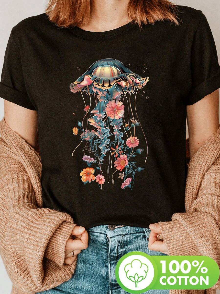 Women's Jellyfish And Flower Print T-Shirt - Pastel Pink, Yellow, Orange, Green, Purple, Blue, And Black - Marine Life Design - Soft And Breathable Crew Neck - Casual Wear For The Beach, Parties, Or Everyday Use - Machine Washable - Summer And Spring Top - Seasonal Essential - Vibrant Graphic Tee - Easy Care - Short Sleeve - 黑色 - 查看 1
