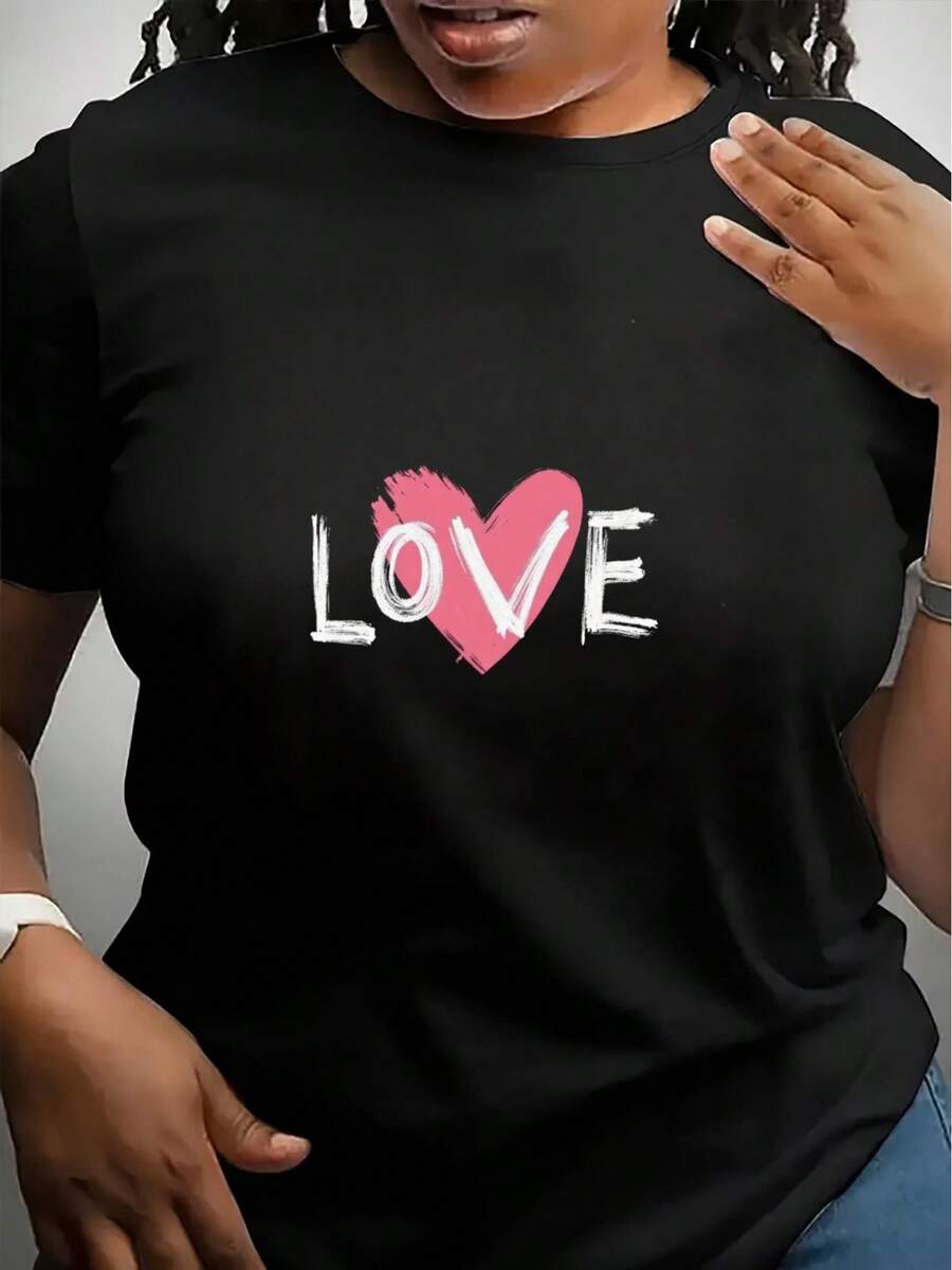 Camiseta negra de moda para mujer, talla grande, de una sola pieza, con estampado de corazón rosa y la palabra LOVE - casual, ligera, de manga corta, adecuada para todas las estaciones, lavable a máquina - regalo ideal para las fiestas. - Negro - Ver 1